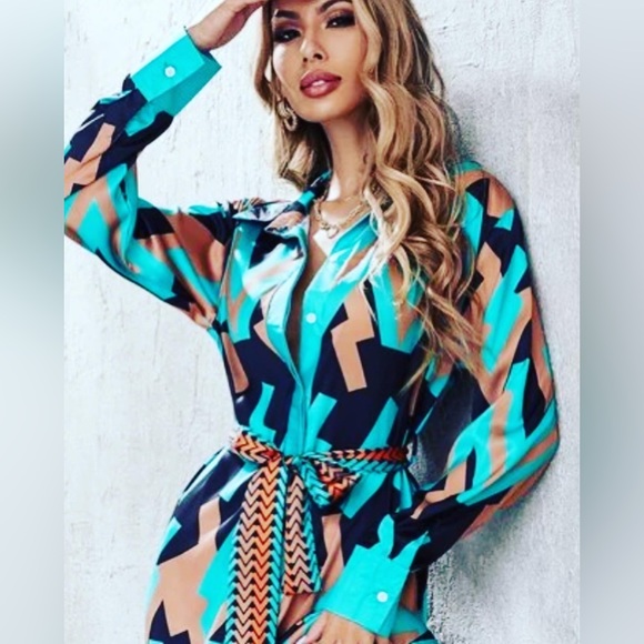 💙 NWT MOD SLINKY RETRO 1960’s STYLE SHIRT MIDI ABSTRACT DRESS LARGE - Picture 4 of 10